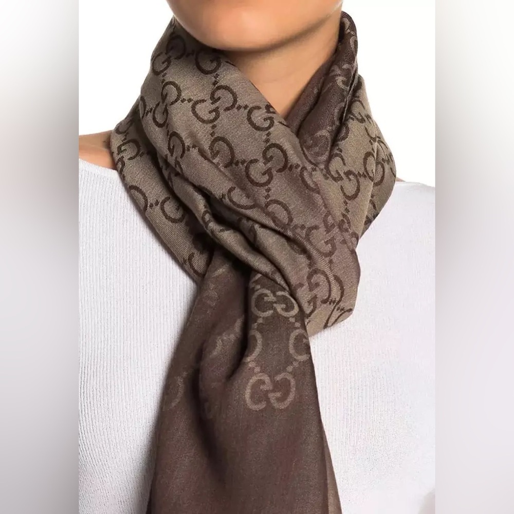 ❤️❤️❤️ NWT GUCCI Brown Jacquard GG Wool Silk Scarf Unisex❤️❤️❤️